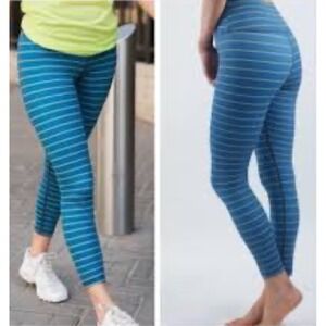 Zyia Active Teal Blue Lime Stripe Light n Tight 7/8 Leggings Hi Rise Small‎